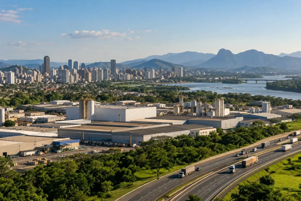 Paisagem brasileira com área urbana, galpões e transporte de mercadorias.