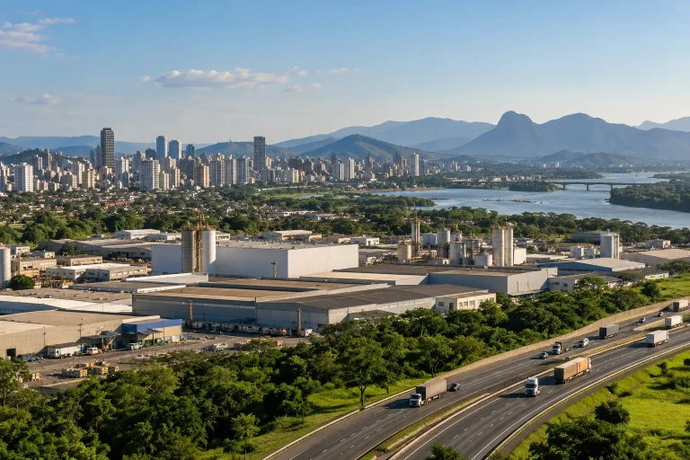 Paisagem brasileira com área urbana, galpões e transporte de mercadorias.
