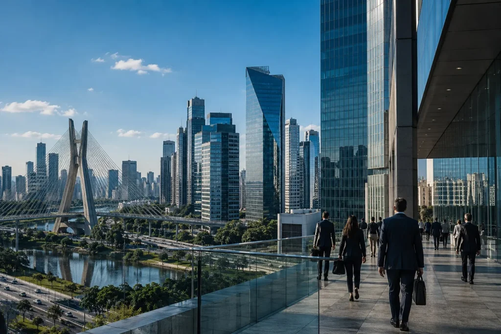 Edifícios empresariais de São Paulo em um dia claro.