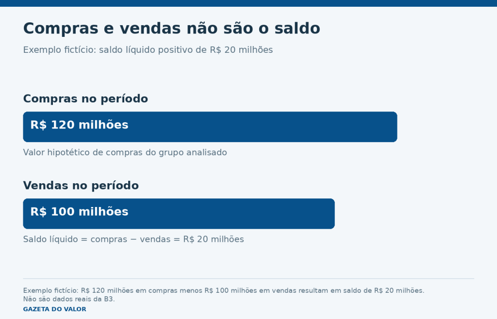 Exemplo fictício de compras de 120 milhões de reais e vendas de 100 milhões, com saldo líquido positivo de 20 milhões.