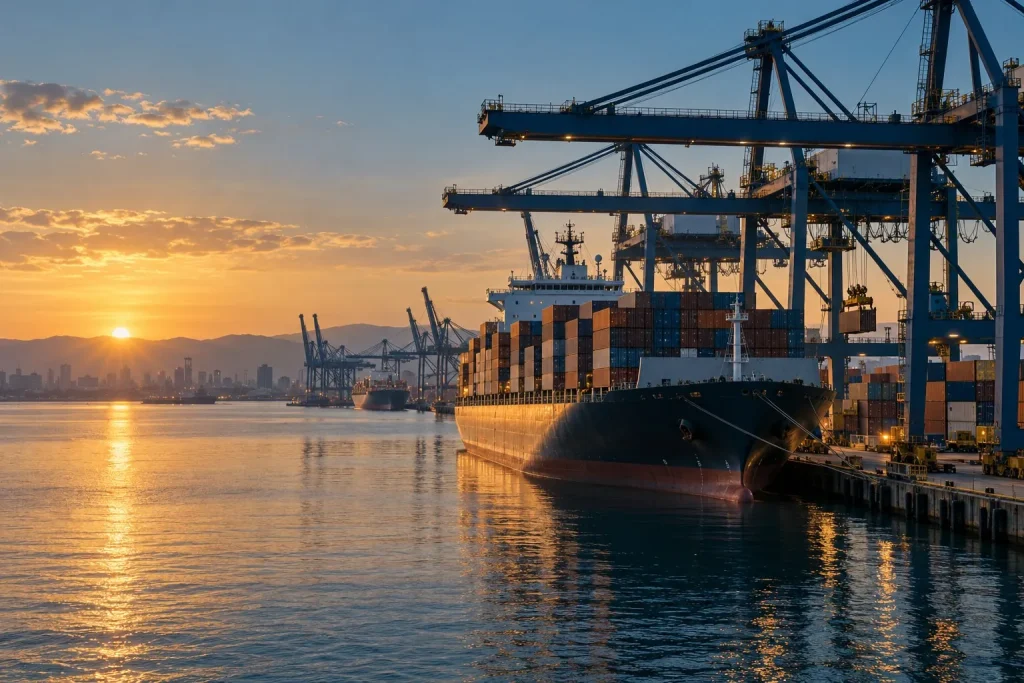 Porto comercial com navio cargueiro e contêineres ao amanhecer.