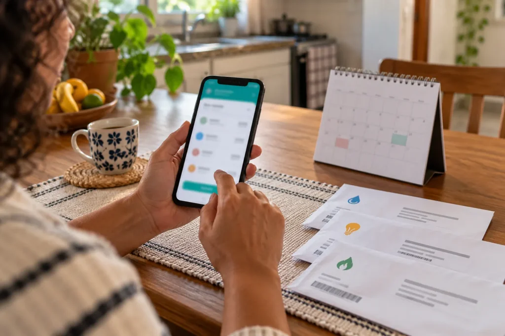 Pessoa confere o celular ao lado do calendário e das contas domésticas.