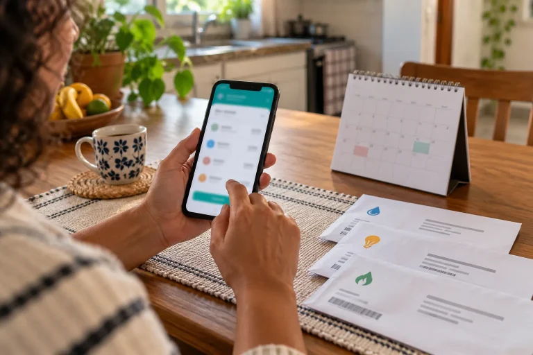 Pessoa confere o celular ao lado do calendário e das contas domésticas.