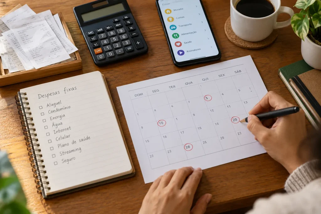 Calendário, calculadora e celular usados para organizar despesas recorrentes.