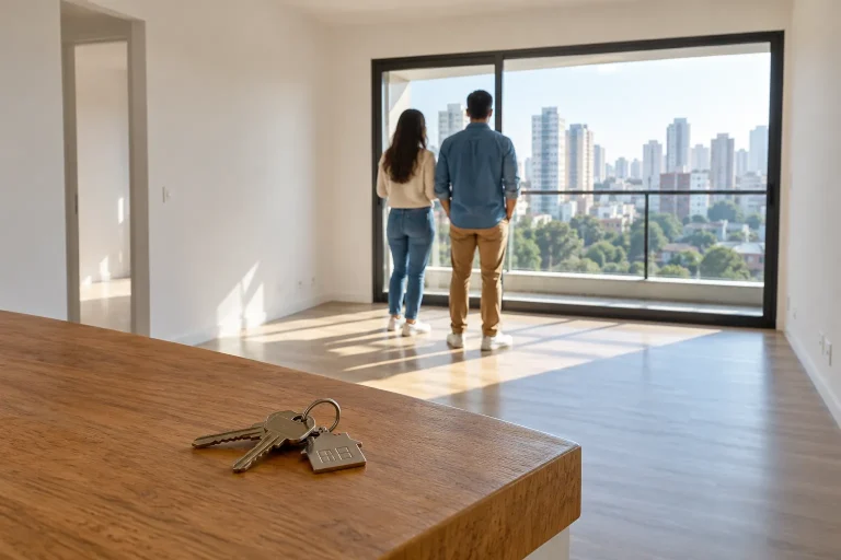 Casal observa um apartamento vazio, com chaves sobre o balcão.
