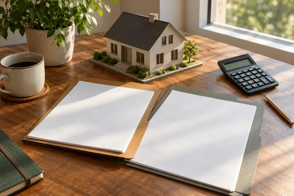 Modelo de casa, calculadora e documentos organizados sobre uma mesa.
