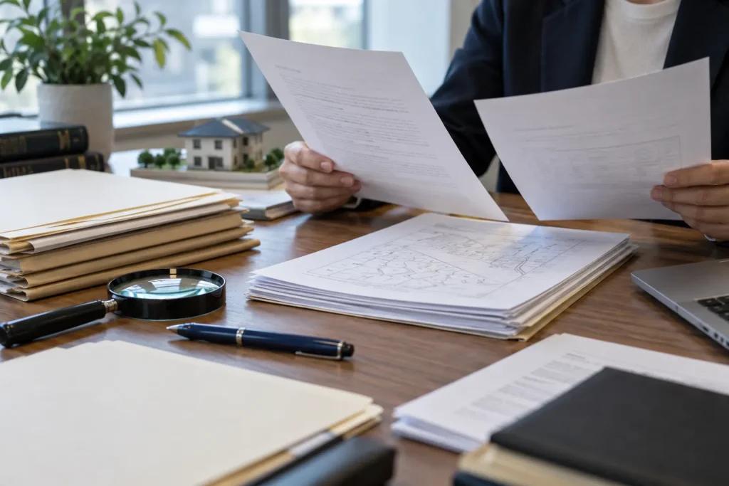 Documentos imobiliários organizados para revisão em uma mesa de escritório.