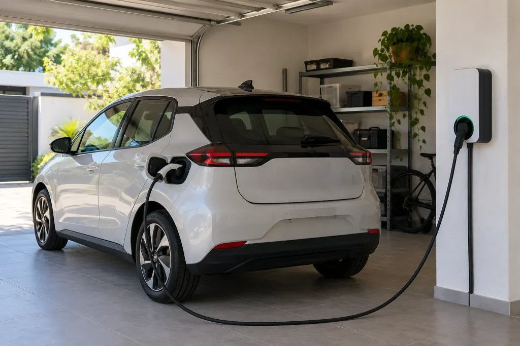 Carro elétrico compacto conectado a um carregador em garagem residencial.