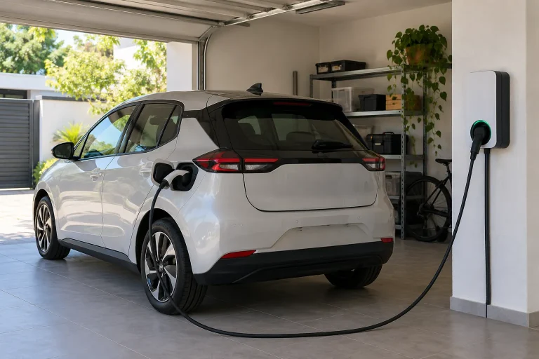 Carro elétrico compacto conectado a um carregador em garagem residencial.