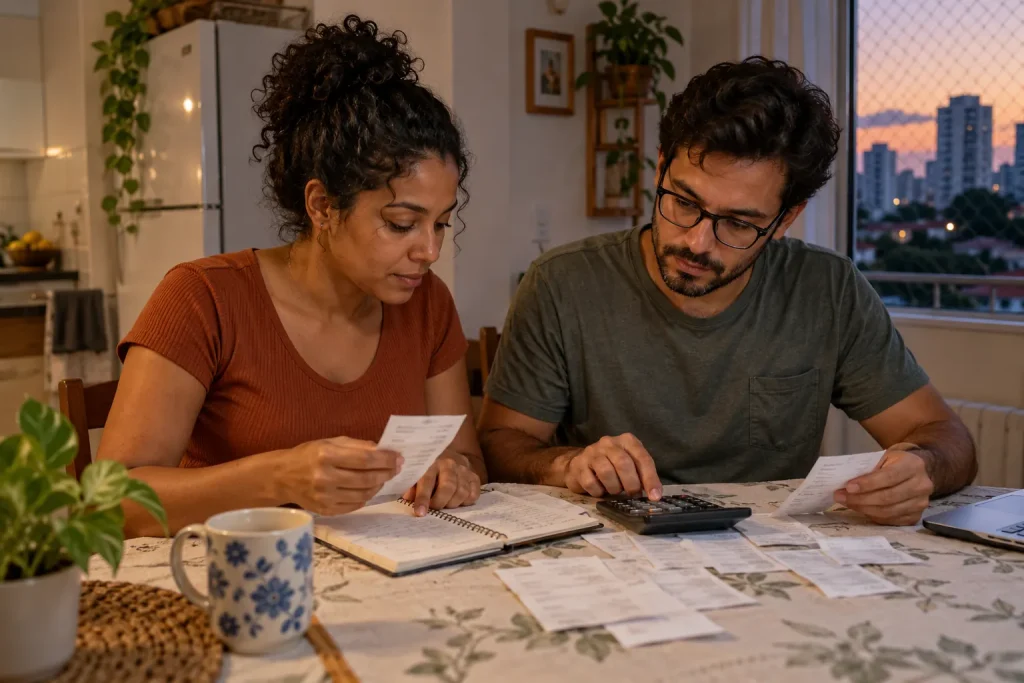 Duas pessoas organizam recibos e orçamento doméstico em uma mesa.