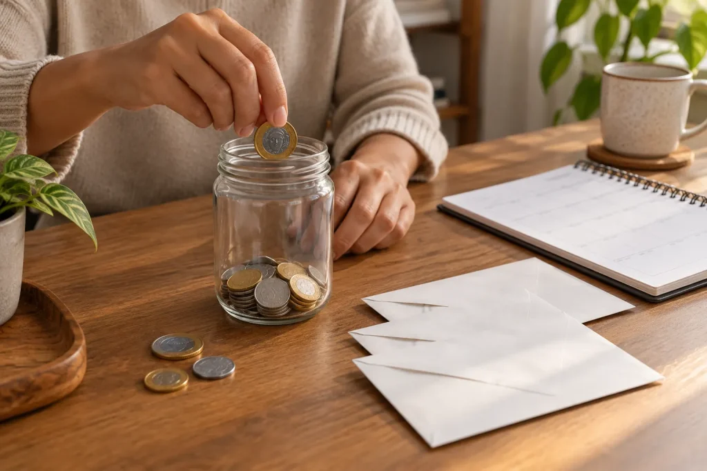 Mãos separam moedas ao lado de envelopes e de um planejamento doméstico.