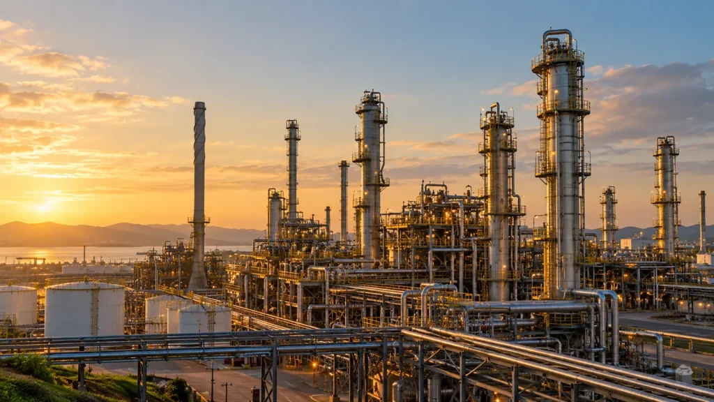Instalações industriais de refino de petróleo em uma imagem ilustrativa.