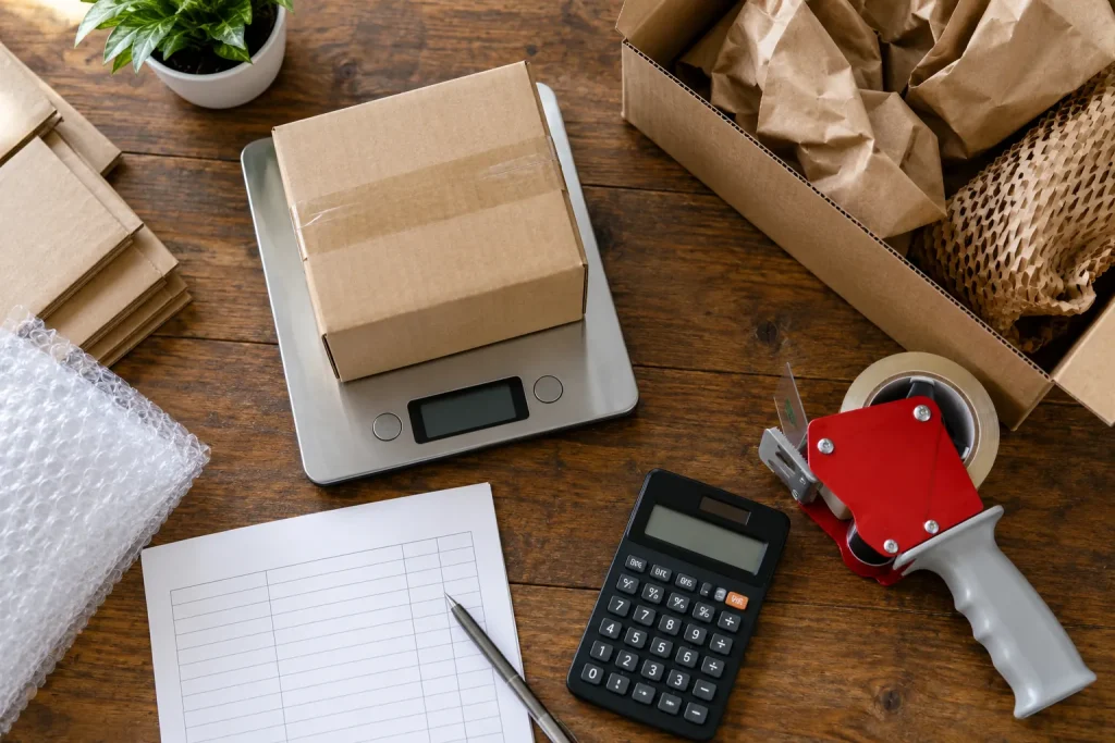 Pacote sobre balança de envio ao lado de embalagem e calculadora.