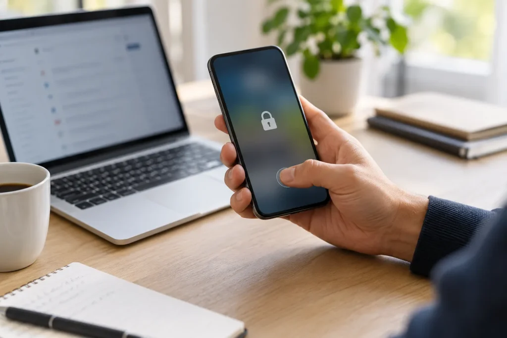 Pessoa usa um celular ao lado de um computador para confirmar acesso a uma conta.