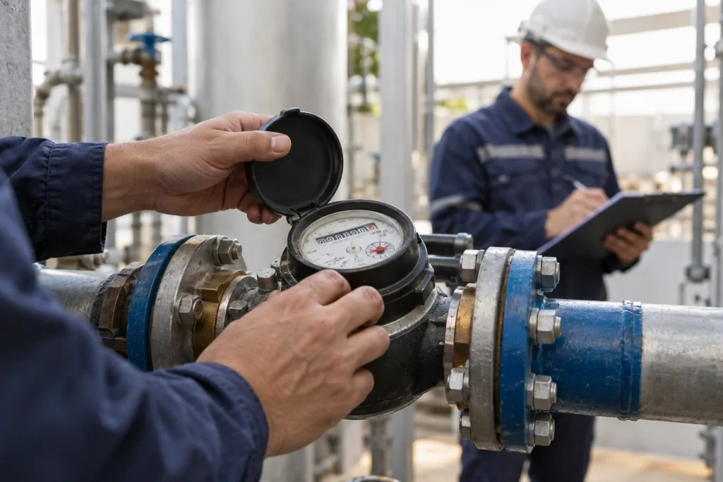 Técnico confere um medidor de água em uma instalação industrial.