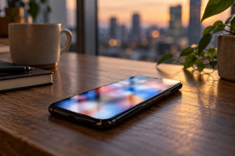 Smartphone com conteúdo de uma rede social desfocado sobre uma mesa.