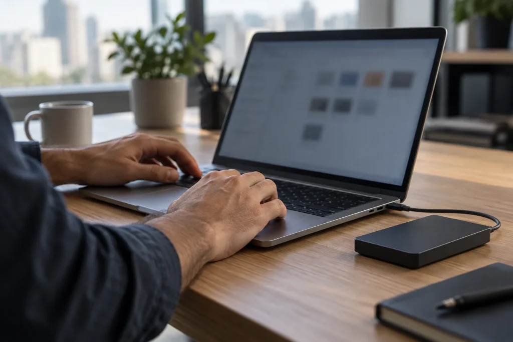Profissional de tecnologia utiliza notebook e unidade de armazenamento externa.