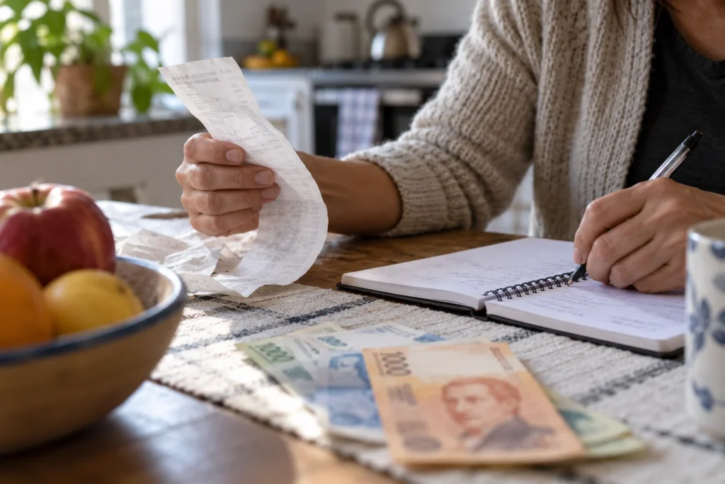 Pessoa compara recibo de compras, anotações e cédulas argentinas.