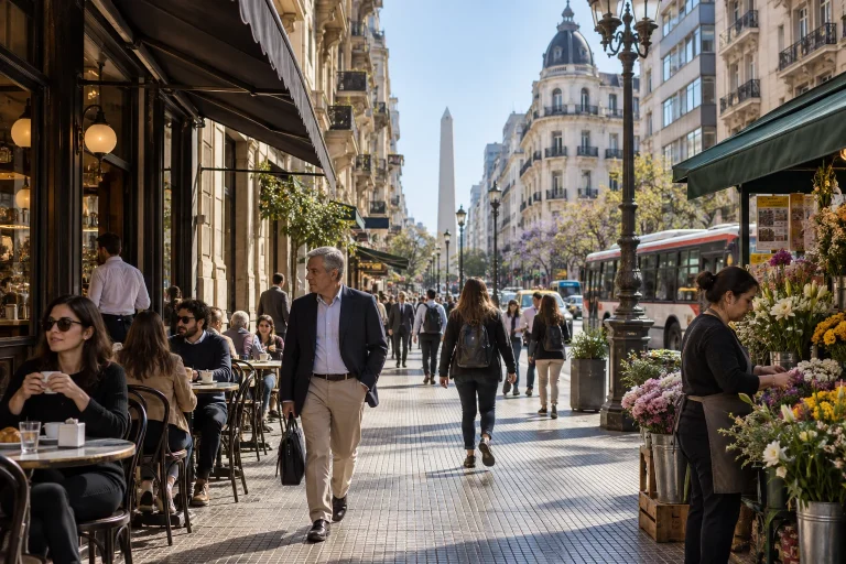 Pedestres e comércio em uma rua de Buenos Aires.