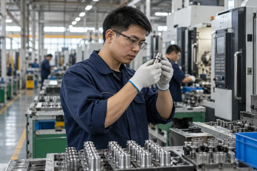 Trabalhador inspeciona uma peça em uma instalação industrial.