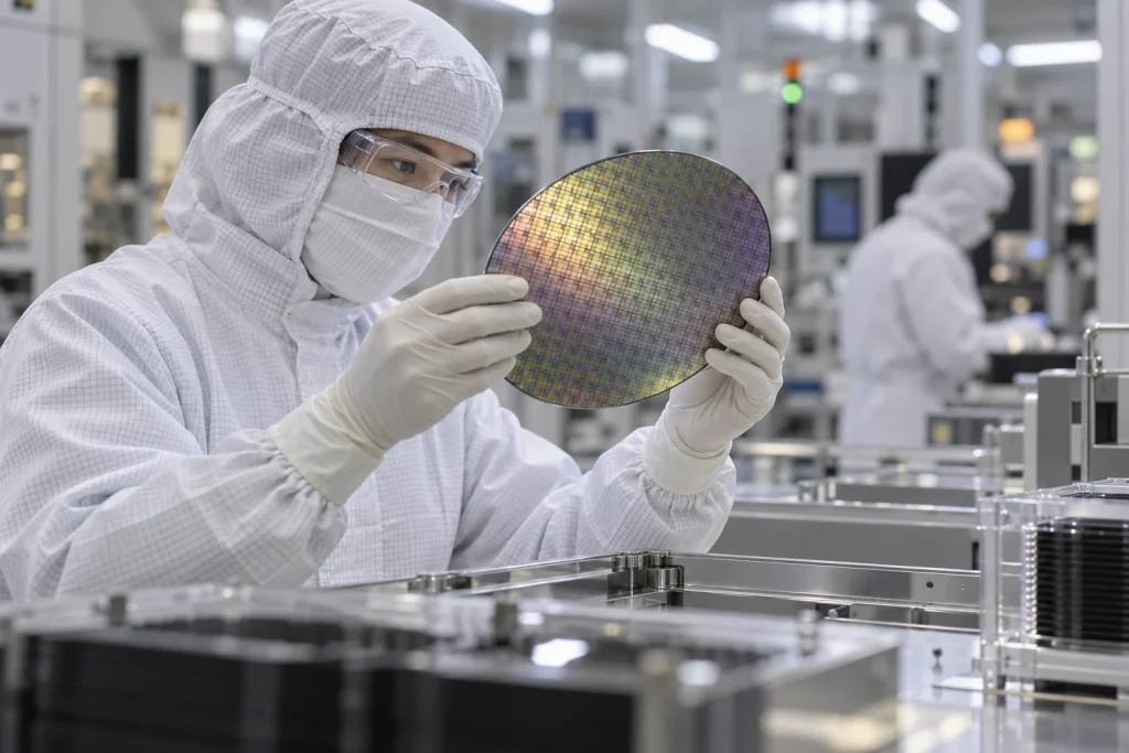 Profissional com vestimenta de sala limpa inspeciona uma lâmina de semicondutores.