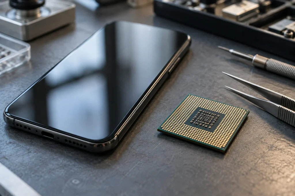 Smartphone e componente eletrônico em uma bancada de tecnologia.