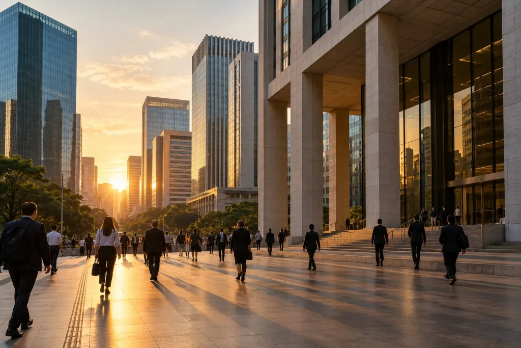 Prédios de uma área financeira brasileira ao amanhecer.