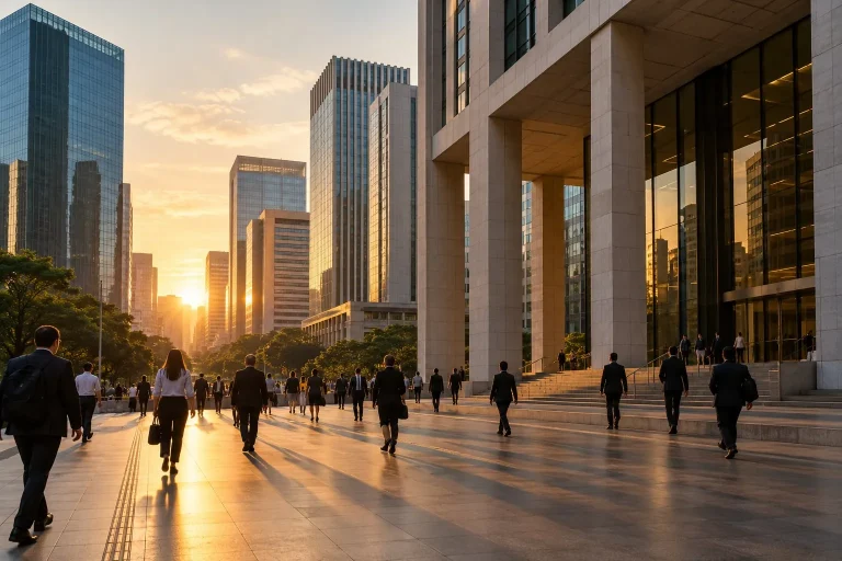 Prédios de uma área financeira brasileira ao amanhecer.
