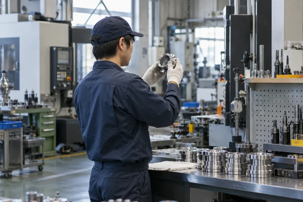 Técnico inspeciona um componente em oficina industrial em imagem ilustrativa.