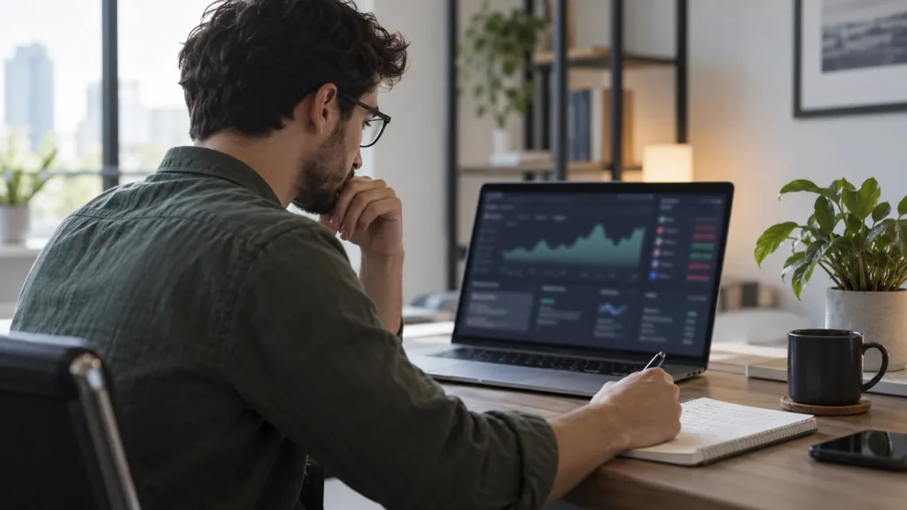 Pessoa analisa informações de mercado em um computador sobre uma mesa.