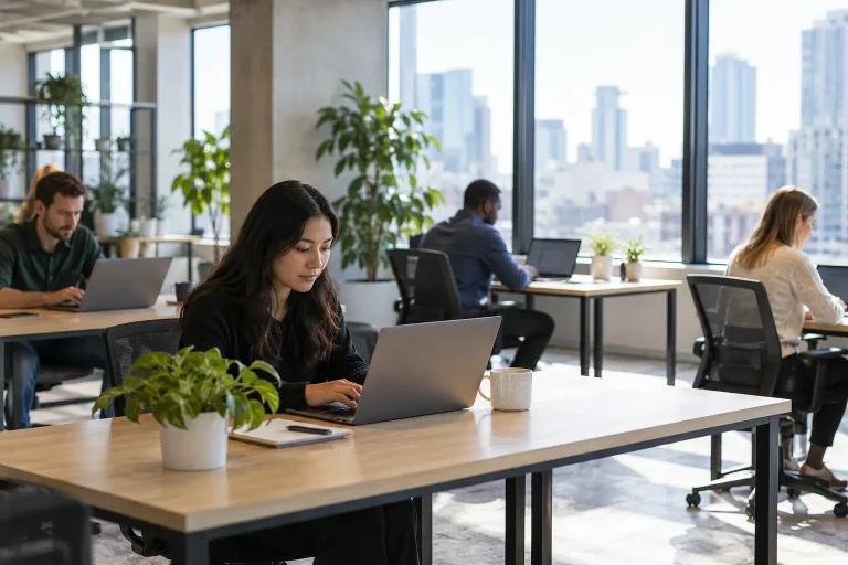 Pessoas usam computadores em um ambiente de trabalho compartilhado.
