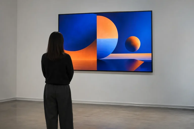 Pessoa observa uma composição abstrata em uma tela de galeria digital.