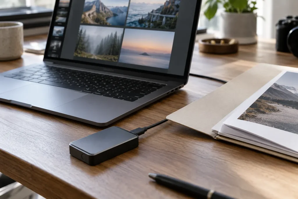 Computador, dispositivo de segurança e documentos sobre uma mesa de trabalho.