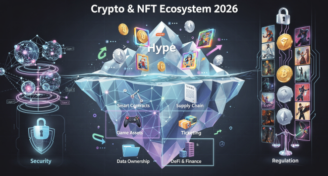 Infográfico detalhado sobre o ecossistema de criptomoedas e NFTs em 2026, ilustrando o crescimento tecnológico, a interconectividade do blockchain e o contraste entre o hype e as aplicações reais, com elementos de segurança e regulação.