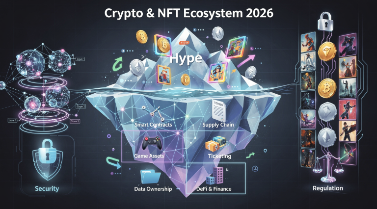 Infográfico detalhado sobre o ecossistema de criptomoedas e NFTs em 2026, ilustrando o crescimento tecnológico, a interconectividade do blockchain e o contraste entre o hype e as aplicações reais, com elementos de segurança e regulação.