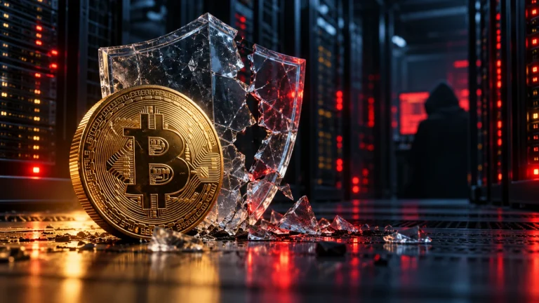 Ilustração de uma moeda de bitcoin diante de um escudo quebrado e servidores.