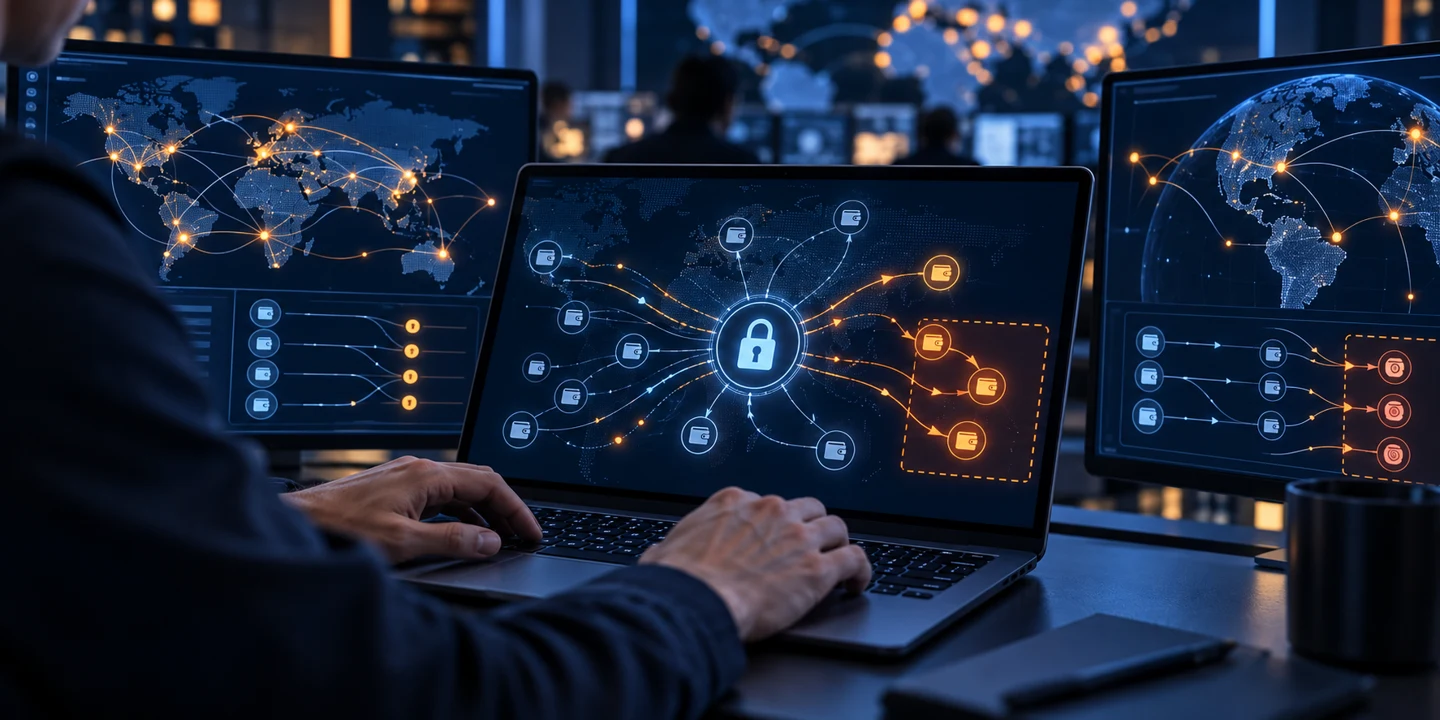 Analista acompanha conexões entre carteiras digitais em computadores.