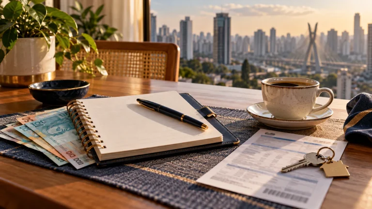 Agenda, café e documentos de despesas representam o planejamento financeiro da semana