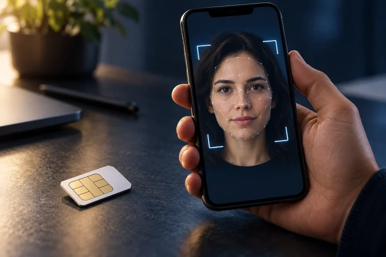 Ilustração de celular com reconhecimento facial e chip sobre uma mesa