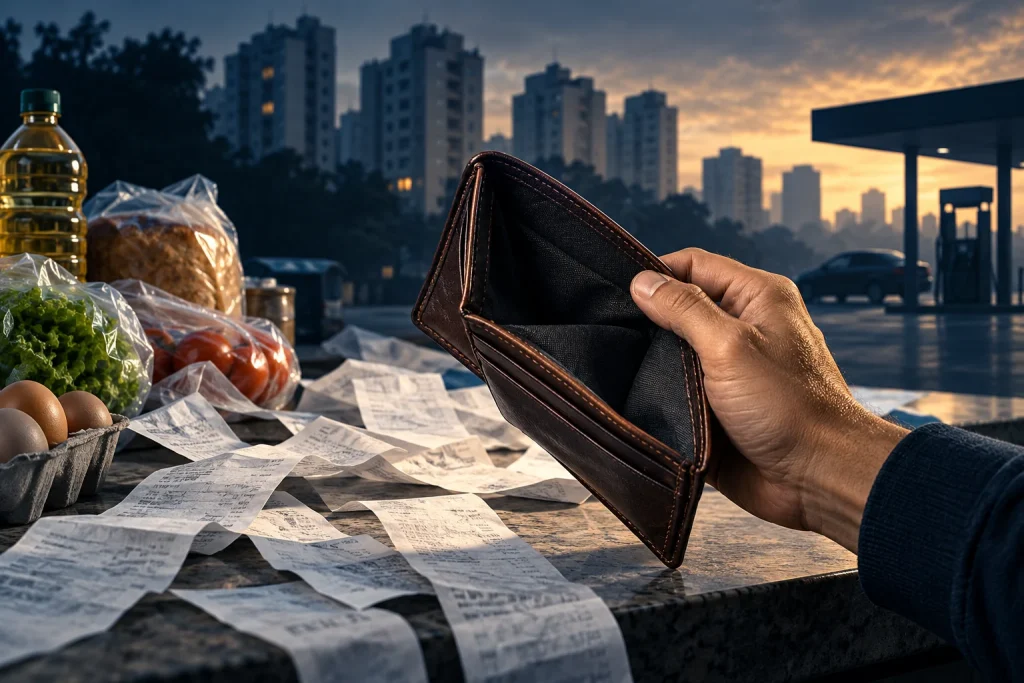 Ilustração de carteira vazia sobre recibos de compras, com alimentos e prédios ao fundo.