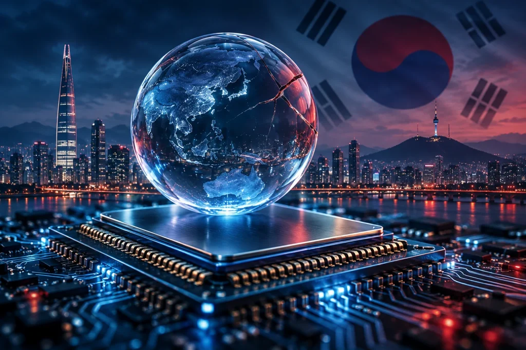 Ilustração de chip e esfera de vidro com fissura diante de Seul e da bandeira sul-coreana