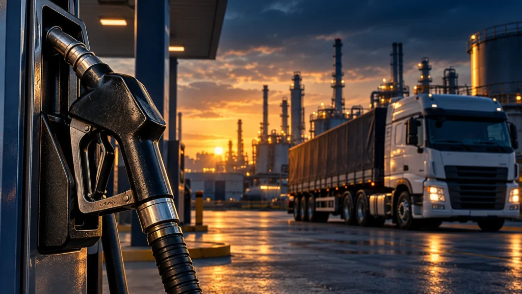 Ilustração de bico de abastecimento de diesel, caminhão de carga e refinaria ao fundo.
