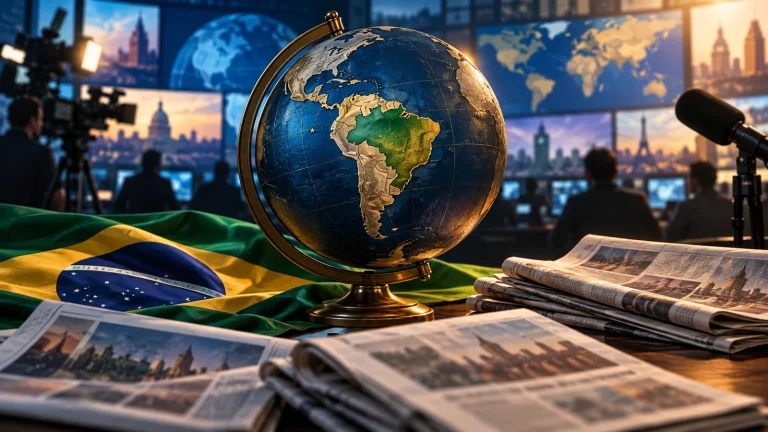 Ilustração de globo com o Brasil em destaque, jornais e microfones em uma redação internacional.