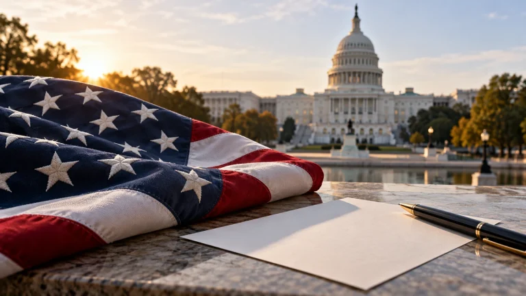 Ilustração de bandeira americana, papel e caneta diante do Capitólio.