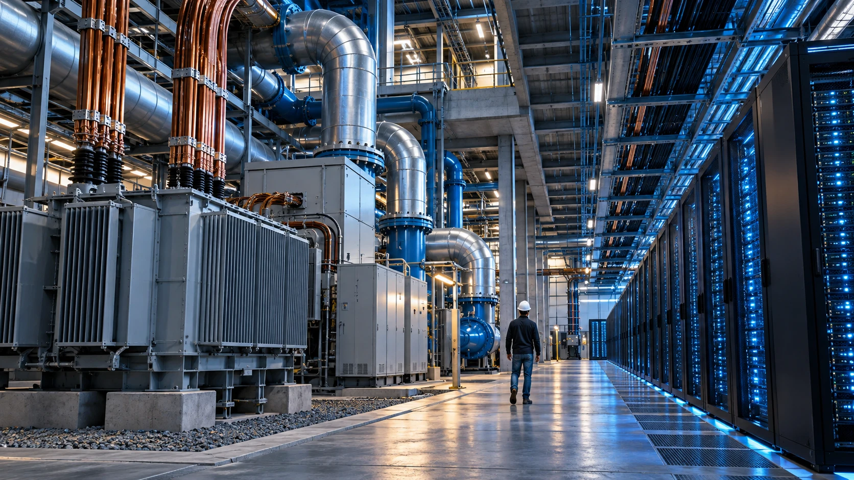 Ilustração de um centro de dados com servidores, equipamentos elétricos e refrigeração.