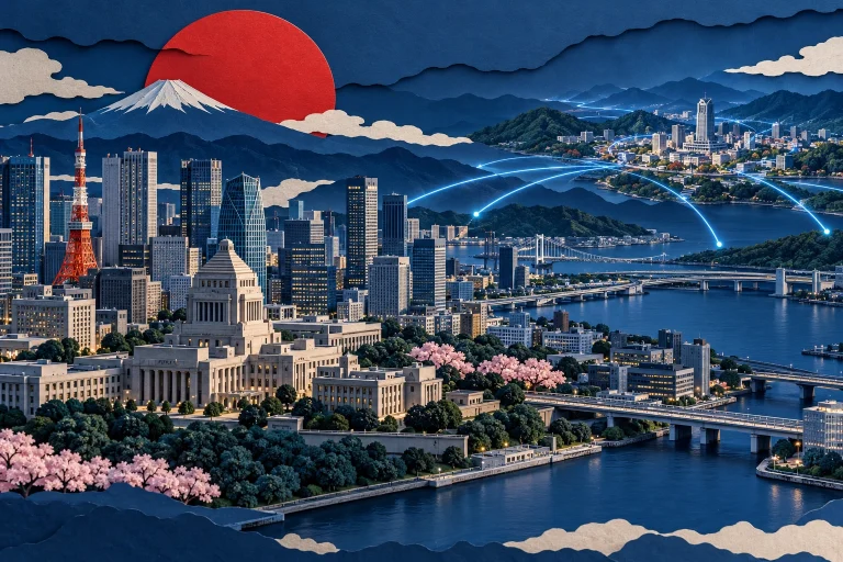 Ilustração conceitual de Tóquio ligada a um centro urbano alternativo, simbolizando a continuidade do governo japonês.