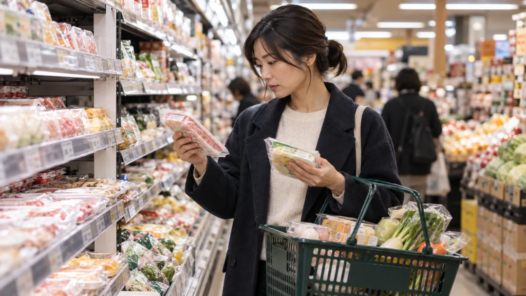Ilustração de consumidora comparando alimentos em supermercado japonês.