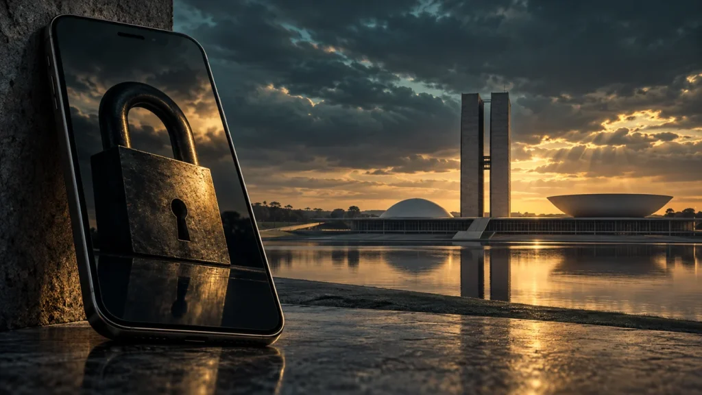 Celular com cadeado diante do Congresso em Brasília, ilustração sobre restrições à expressão na internet