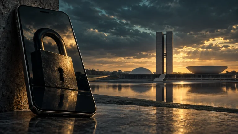 Celular com cadeado diante do Congresso em Brasília, ilustração sobre restrições à expressão na internet