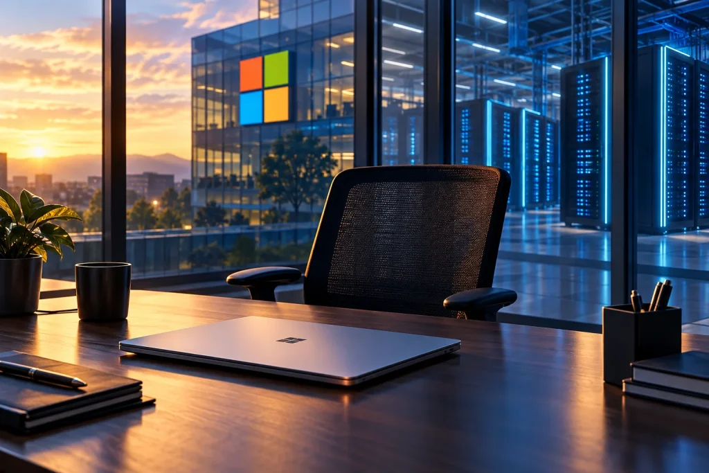 Ilustração de cadeira vazia em escritório da Microsoft diante de servidores de inteligência artificial.